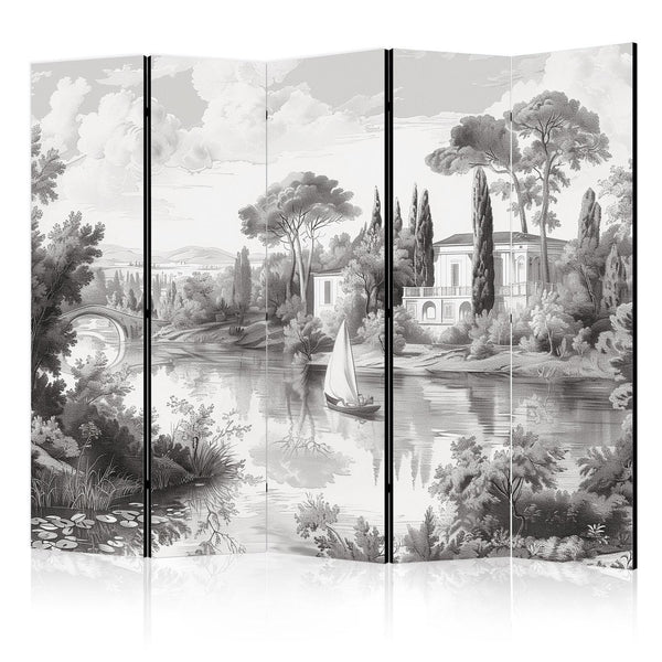 Room Divider - Black and White Vintage Landscape - Retro View of a Pond with a Boat