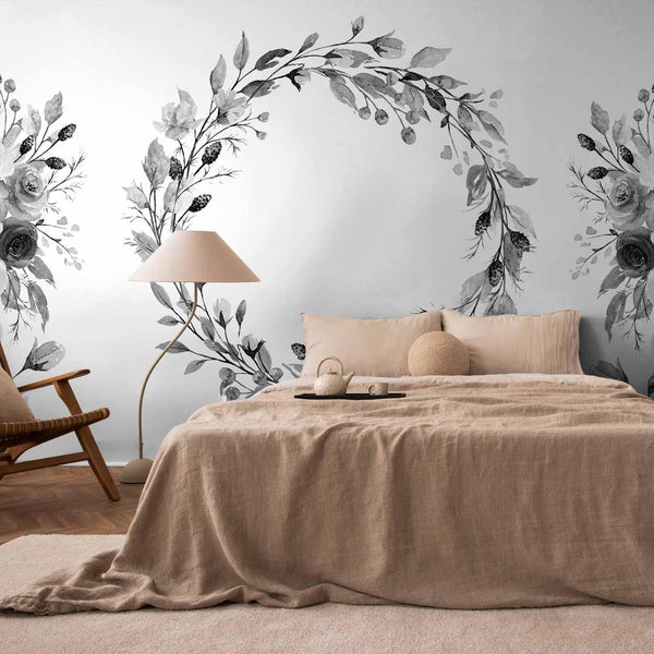 Wall Mural - Romantic wreath - grey plant motif with leaves with rose pattern