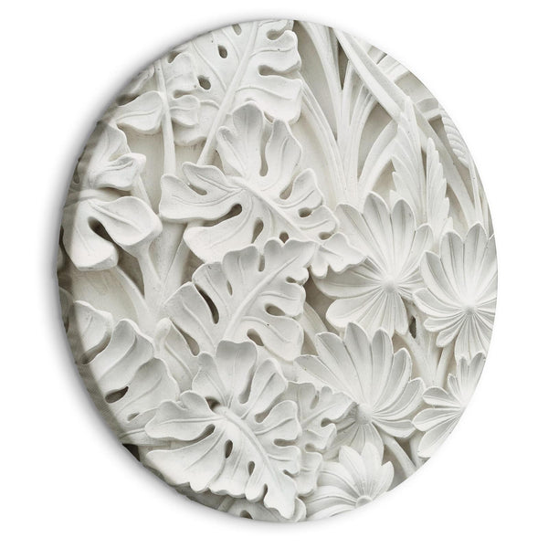 Round Canvas Print - Carved Nature - Pattern With White Leaves Made of Stone