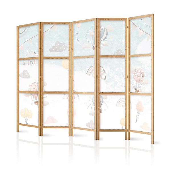 Japanese Room Divider - Balloons in the Sky - Balloons in pastel colors flying through a cloudy sky - among rainbows and stars