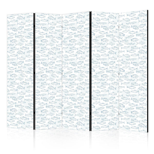 Room Divider - Blue Fish - Blue Outlines of Various Fish Species on a White-Blue Background