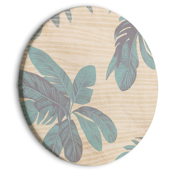 Round Canvas Print - Palm trees behind the mist - Showy palm leaves in a soft shade of green on a slightly wavy sand background/Misty tropics