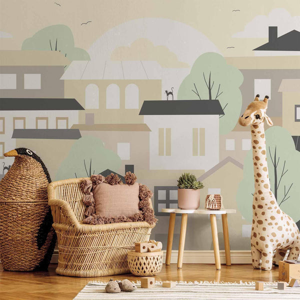 Wall Mural - Yellow town - city suburb with trees and cats for children