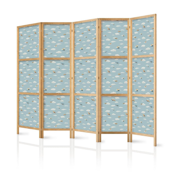 Japanese Room Divider - Illustration - Yellow-Blue Airplanes Against a Blue Sky