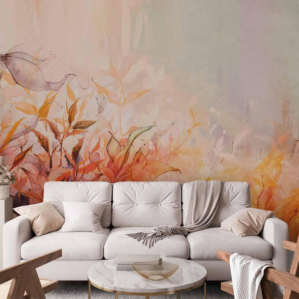 Wall Mural - Flaming meadow - nature landscape with meadow of flowers and leaves in watercolour style