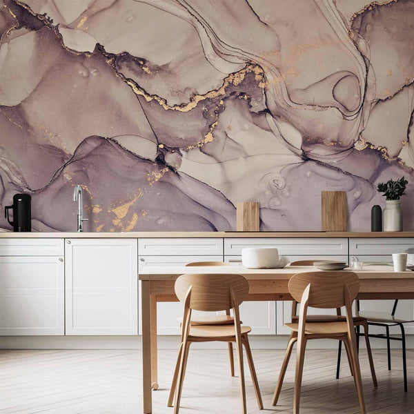 Wall Mural - Watercolour Abstraction - Powder Pink Marble With Gold Accents