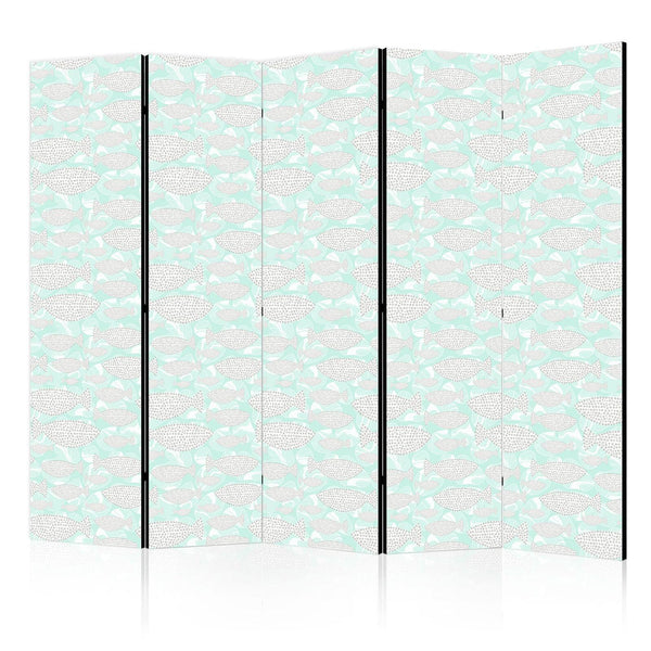 Room Divider - Minimalist Fish - Fishes With Grey Dots Against a Crystal Sheet of Water in Mint Green Colors