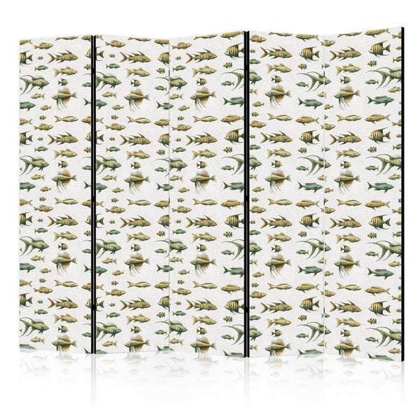 Room Divider - Unusual Species of Fish - a Cluster of Fish in Muted Colors in Retro Style Against a Background of Beige Streaks