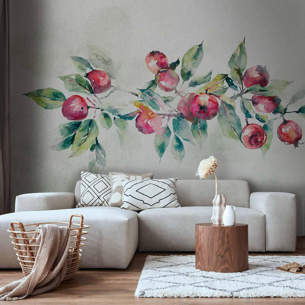 Wall Mural - Apple branch - landscape with a plant and red apples on a white background