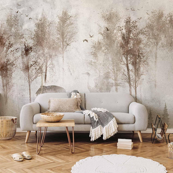 Wall Mural - Among the trees - landscape in grey tones in fog in a clearing with birds