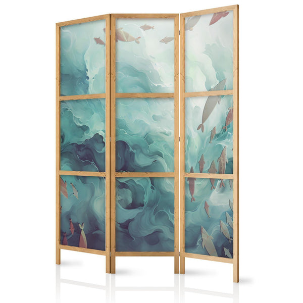 Japanese Room Divider - Escaping Fish - Very Fast Swimming Fish in Muted Colors Among Ocean Depths