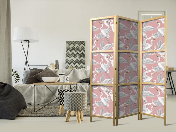 Japanese Room Divider - Pastel birds - a delicate pattern of white and grey herons on a light pink background