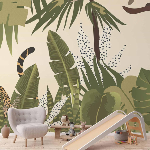 Wall Mural - Leaves and Shapes - Jungle in Faded Colours With Animals