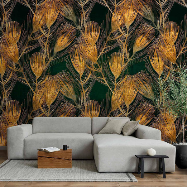 Wall Mural - Golden peacock feathers - solid background with bird pattern on green background