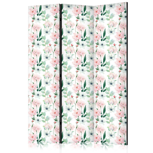 Room Divider - Peonies - Pink and White Flowers and Green Leaves on a White Background
