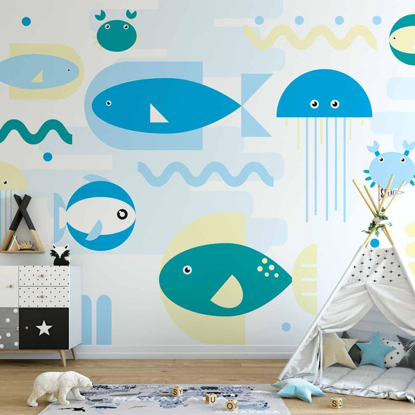 Wall Mural - Animals in the sea - geometric blue fish in water for kids