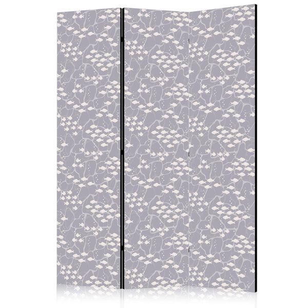 Room Divider - Underwater School of Small Fish - Tiny Light-Beige Fishes Against Marine Depths in Grey Shades