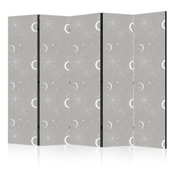 Room Divider - Cosmic Fireworks - Elegant Pattern with Moons and Stars on a Gray Background