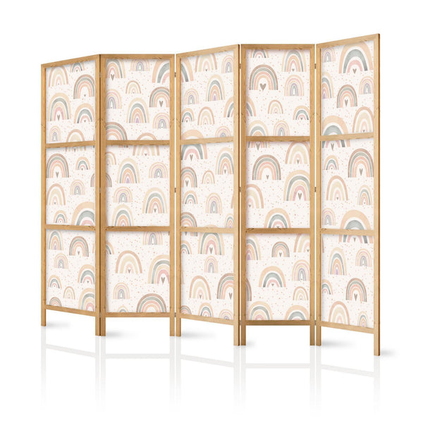 Japanese Room Divider - Spring - Pastel rainbows on a rainy day with hearts