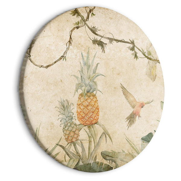 Round Canvas Print - Tropics in muted colors - Parrots and pineapples amidst lush exotic flora in soft shades of green/Parrots in the jungle
