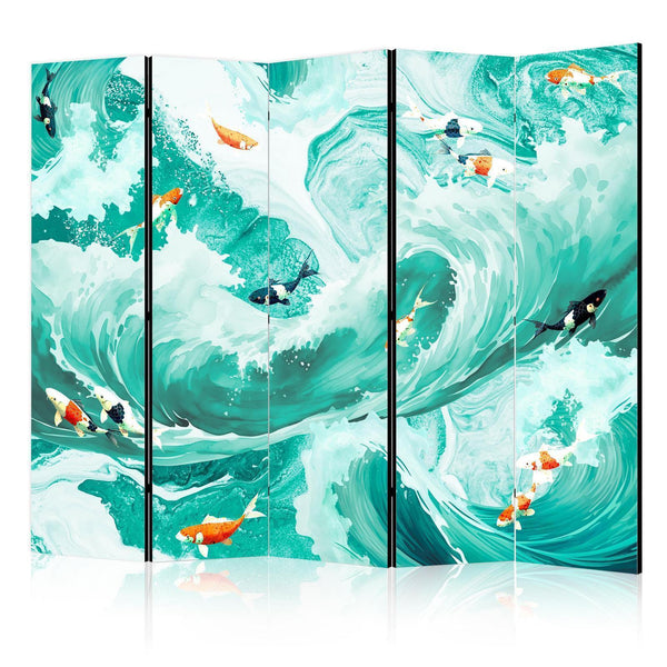 Room Divider - Koi Fish Among Waves - Japanese Fish Amid Waves in Shades of Turquoise And White