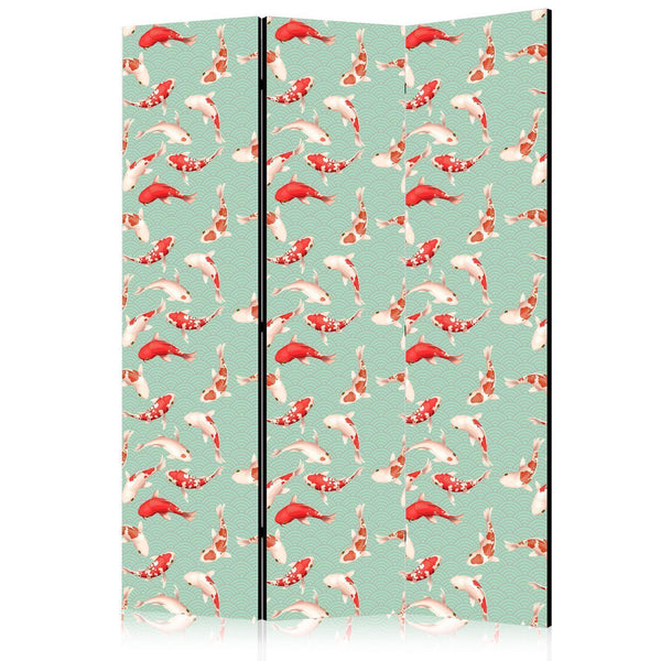 Room Divider - Fish and Japanese Pattern - Koi Fish in Orange-Cream Colors on a Green-Mint Background with an Oriental Pattern