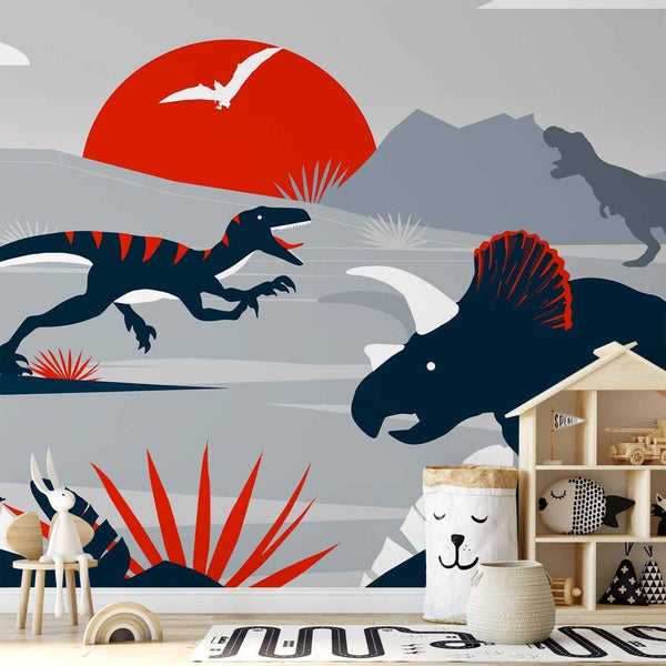 Wall Mural - Last dinosaurs with red - abstract landscape for a room